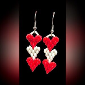 Hand-Beaded Red & White Triple Heart Glass Earrings Made with Love by GrandmaMia